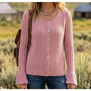 Sundance Women's M Pink Cashmere Lambswool Cable Knit Bell Sleeve Button Sweater
